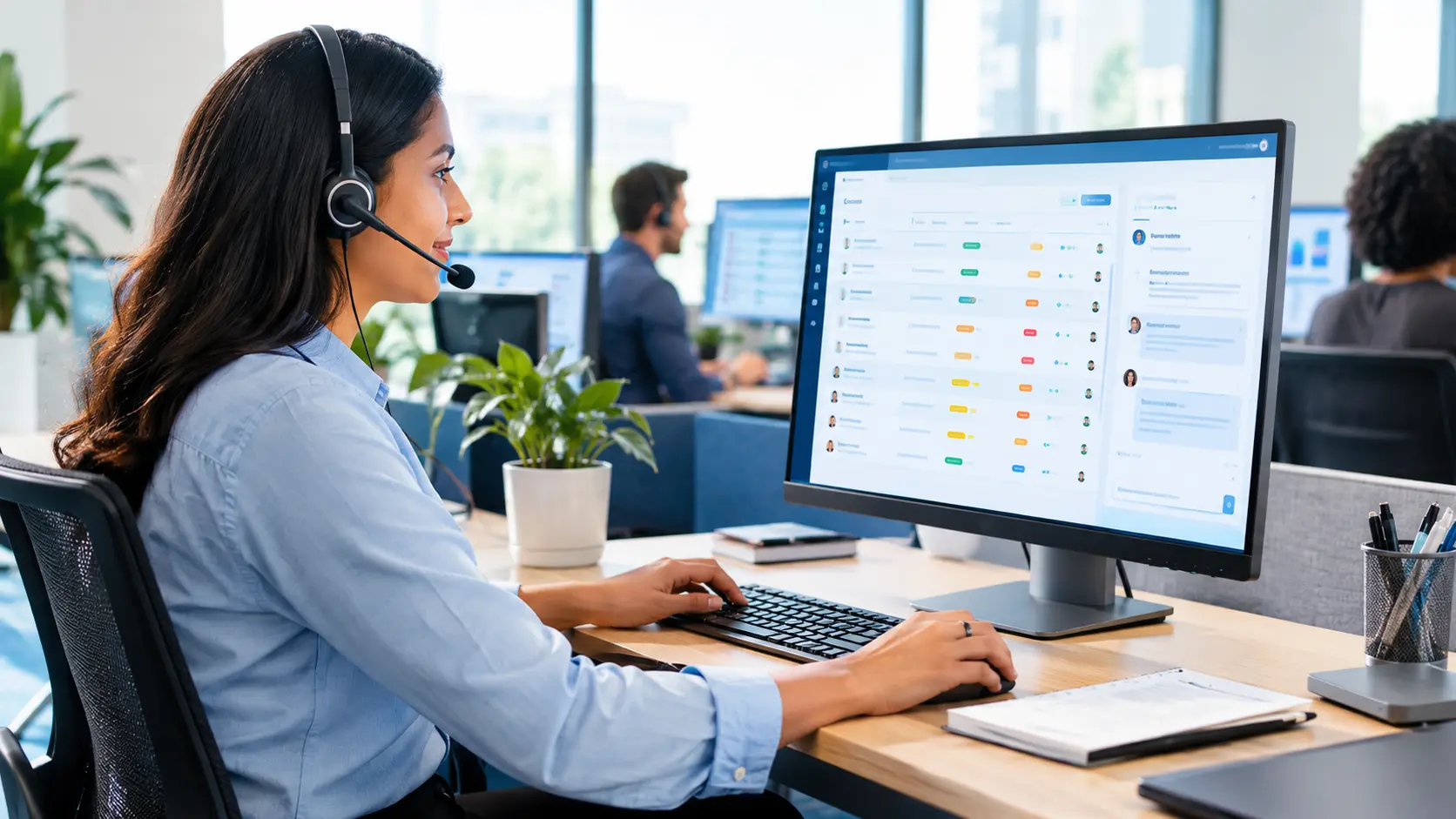 Helpdesk Ticket Management Dashboard Customer support agent managing customer requests using helpdesk ticketing software and a centralized support dashboard.